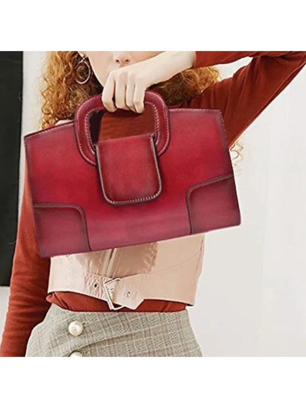 Vintage Style Flap Dark Red Tote Top Handle Satchel Handbags Vegan Leather